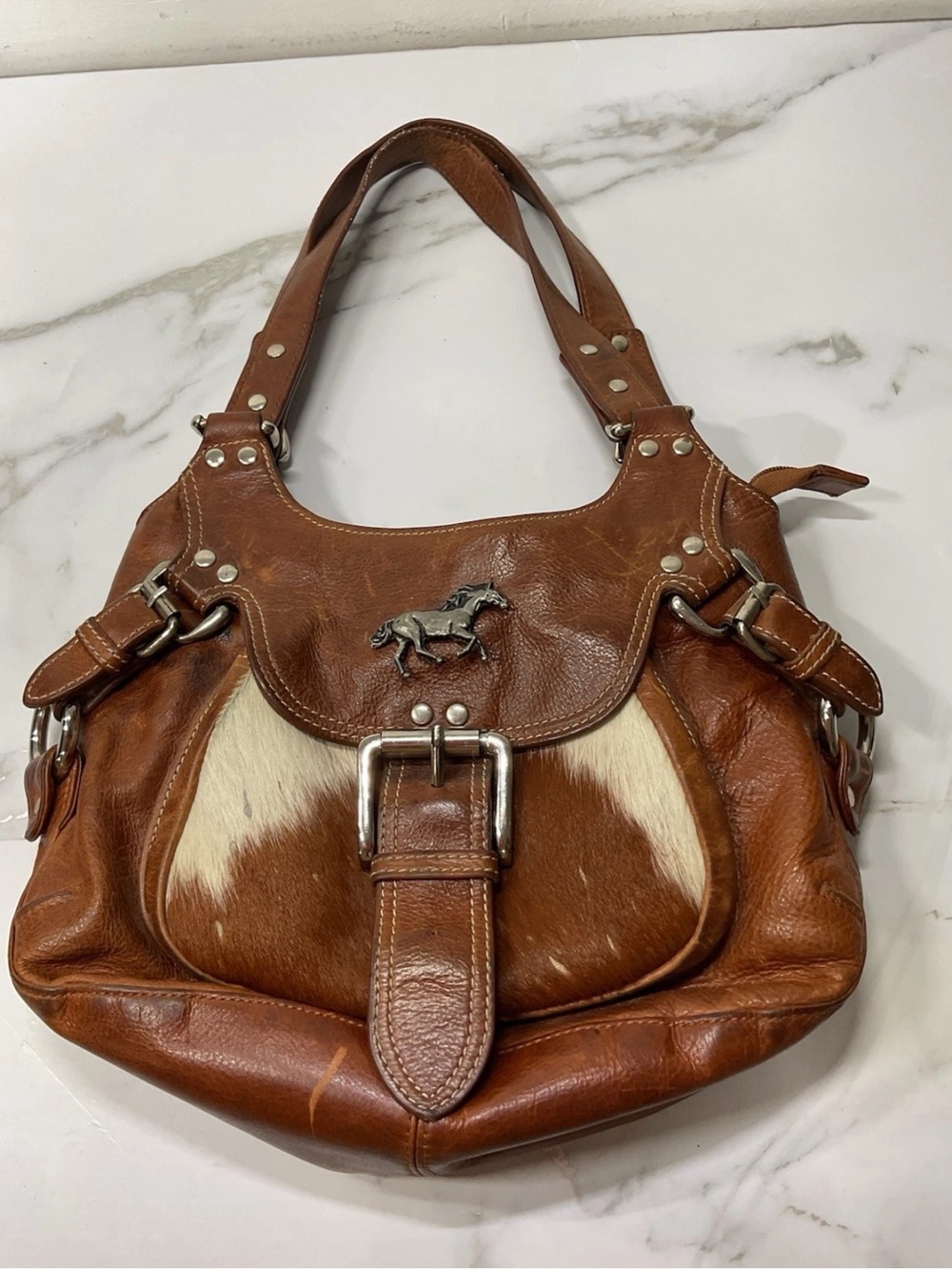 Vtg Cowhide Leather Crossbody Bag